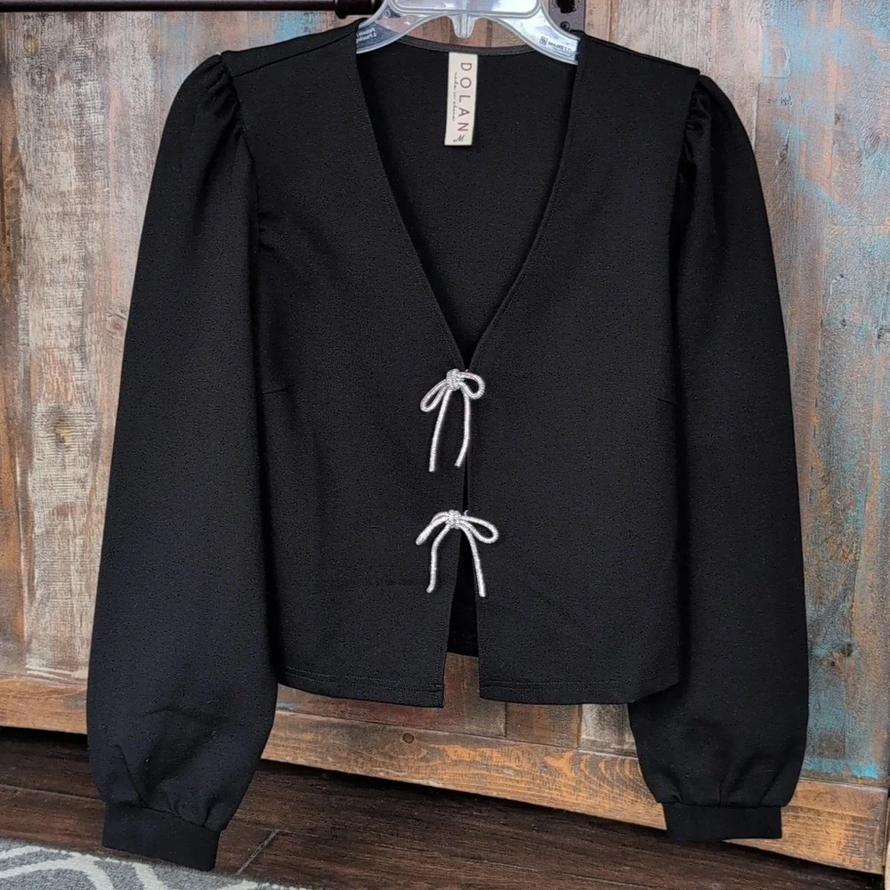 Dolan Black Left Coast Rhinestone Bow-Front Cardigan Top - Women's Medium - Picture 2 of 6